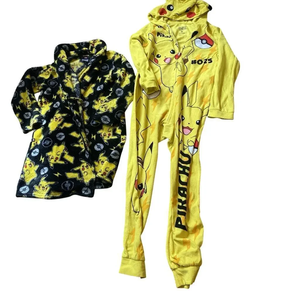 Pokemon Pikachu Fleece One Piece Hoodie Pajamas Robe Unisex Kids S/M Union Suit